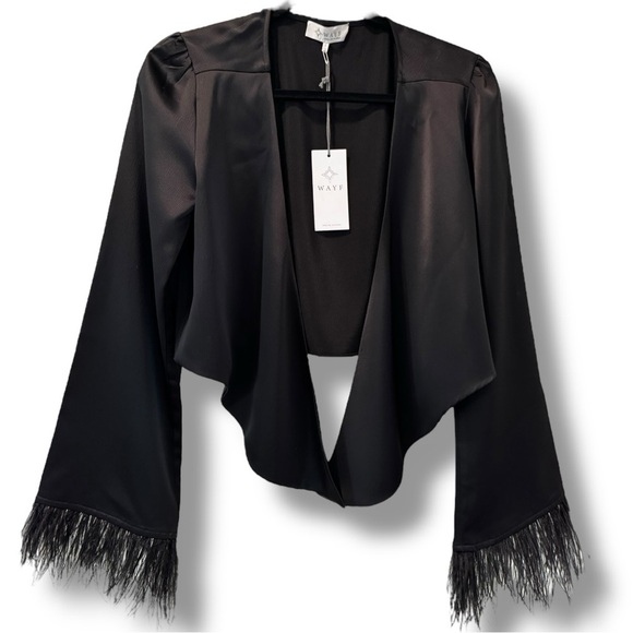 ✨ WAYF Black Satin Feather Cuff Bolero Jacket – Size L (NWT) ✨ - Picture 1 of 7